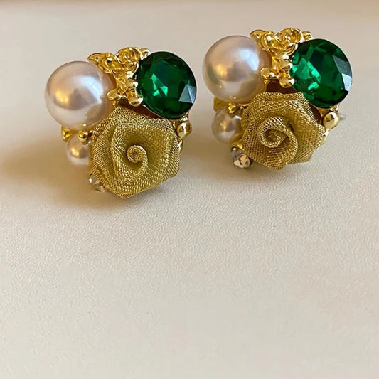 Crystal White Blossom Green Earrings