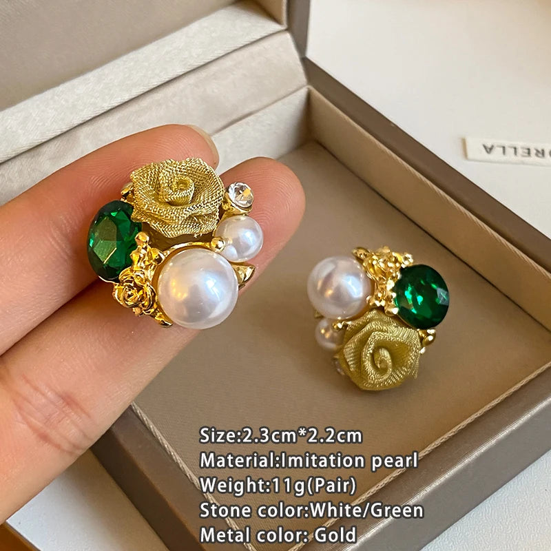 Crystal White Blossom Green Earrings