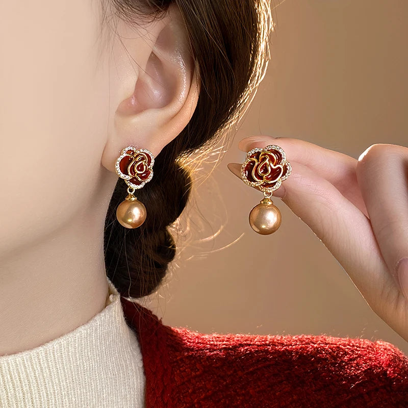 Red Gold Flower Earring