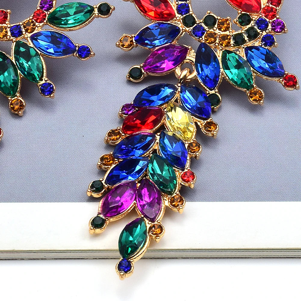 Colored Rhinestone Leaf Earrings