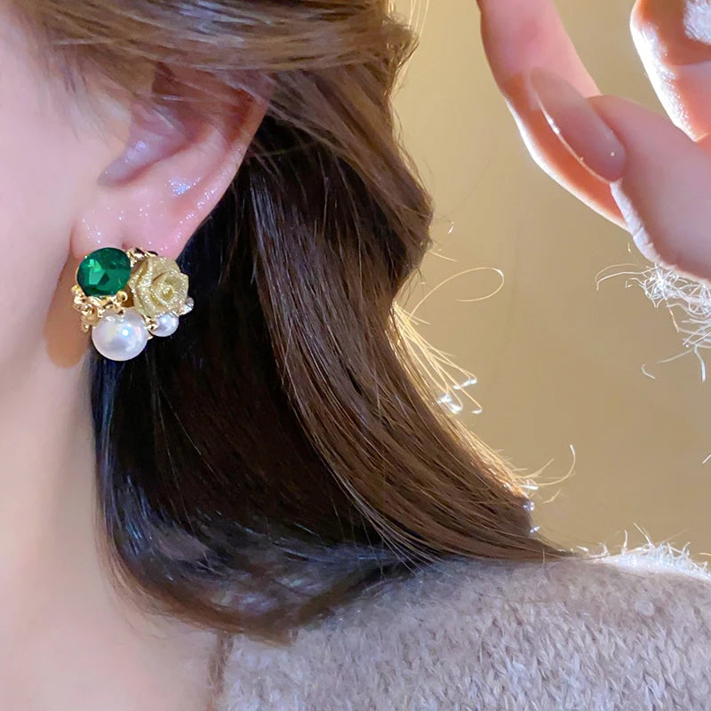 Crystal White Blossom Green Earrings