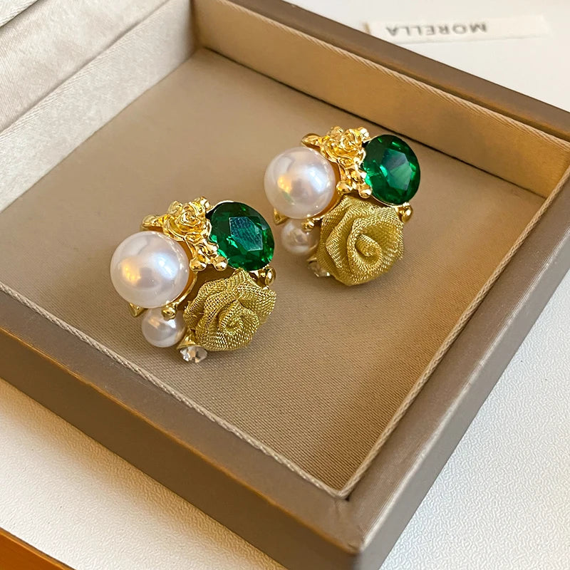 Crystal White Blossom Green Earrings